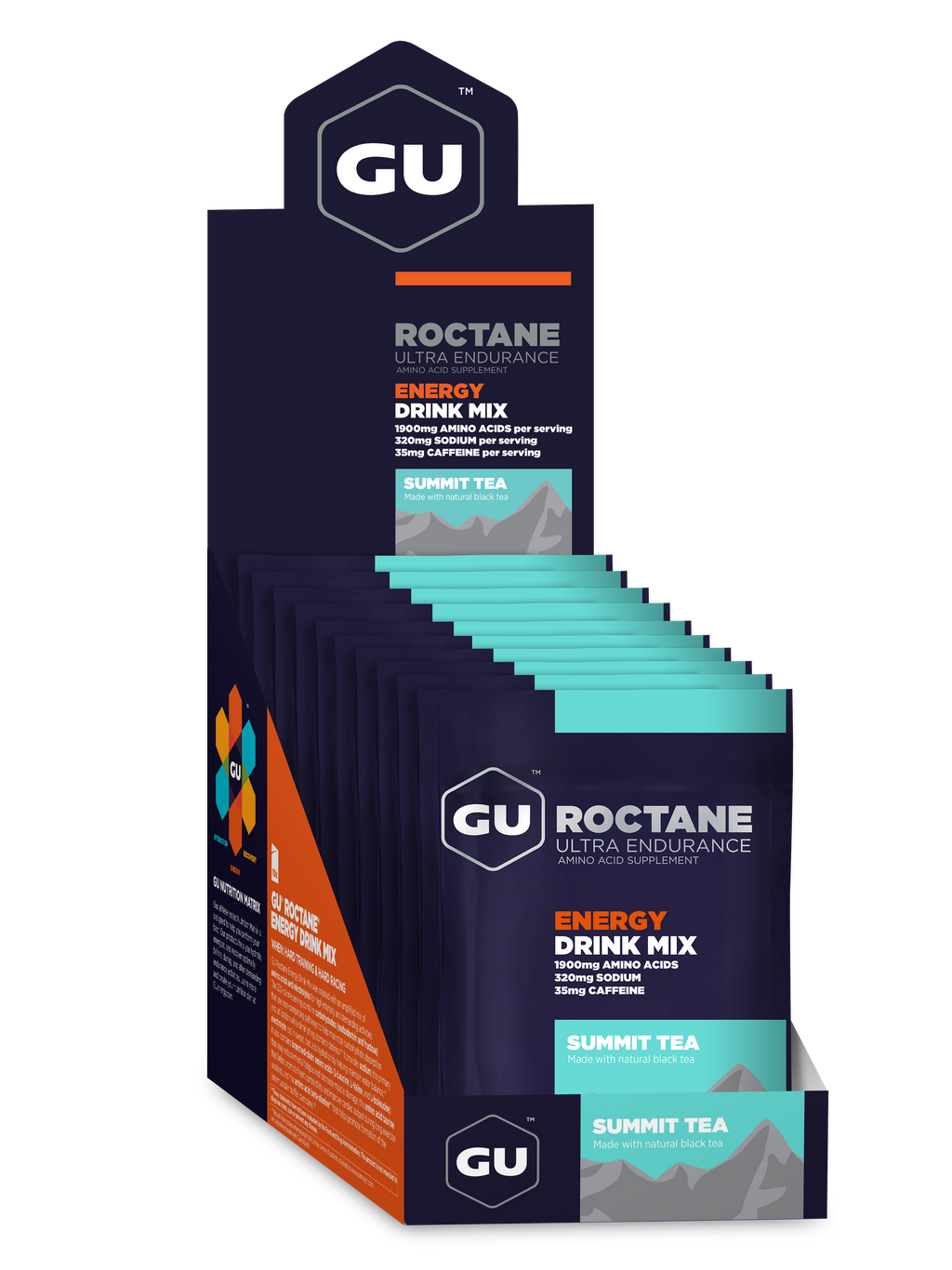 GU Roctane Energy Drink Mix Summit Tea, caja abierta
