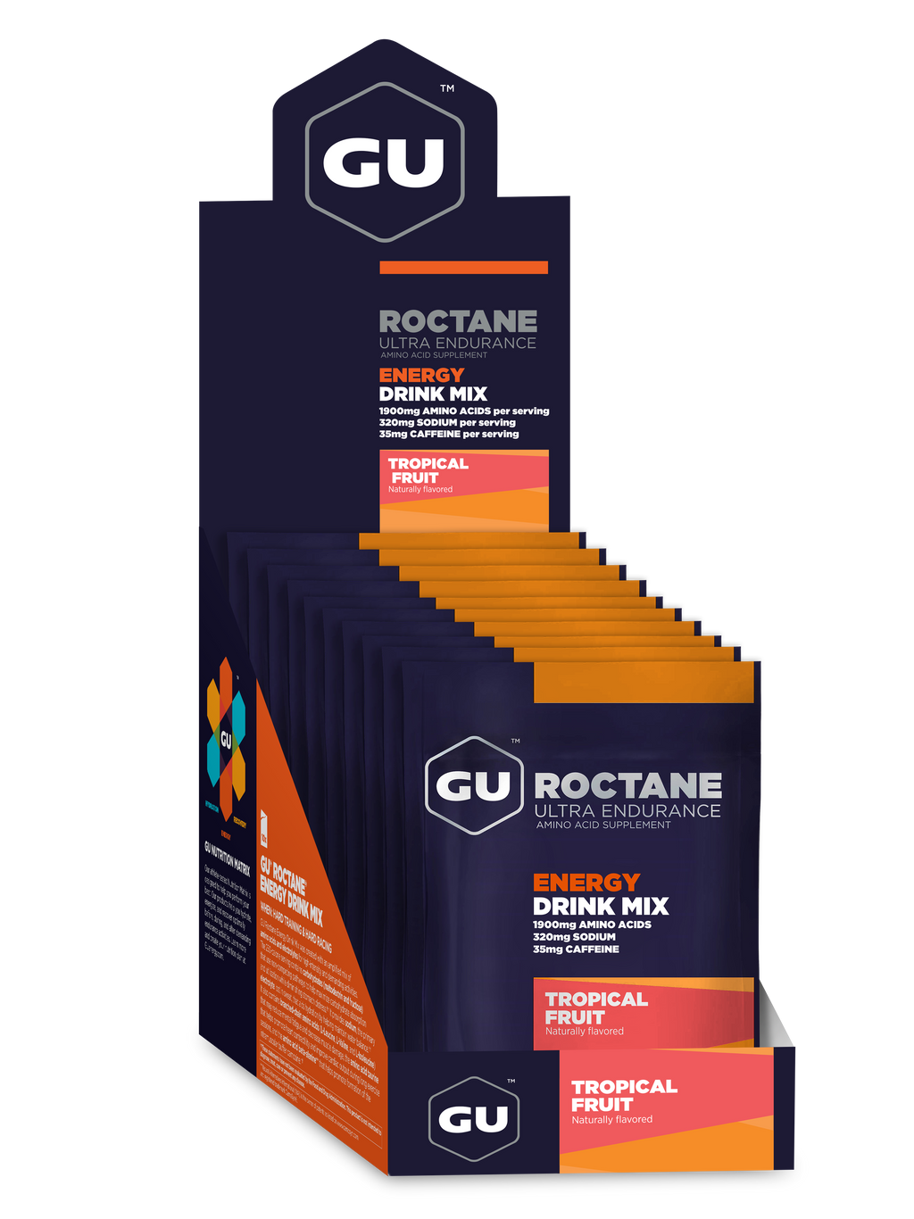 GU Roctane Energy Drink Mix Tropical Fruit, caja abierta