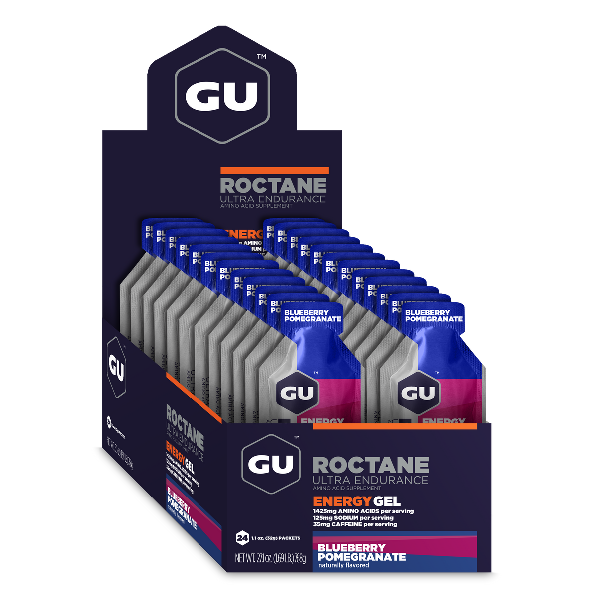 GU Roctane Energy Gel Blueberry Pomegranate, caja abierta