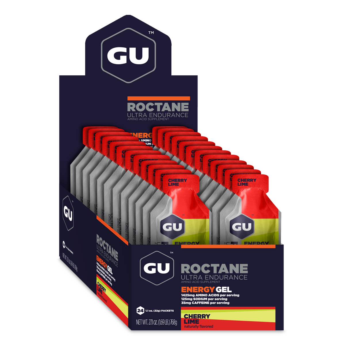 GU Roctane Energy Gel Cherry Lime, caja abierta