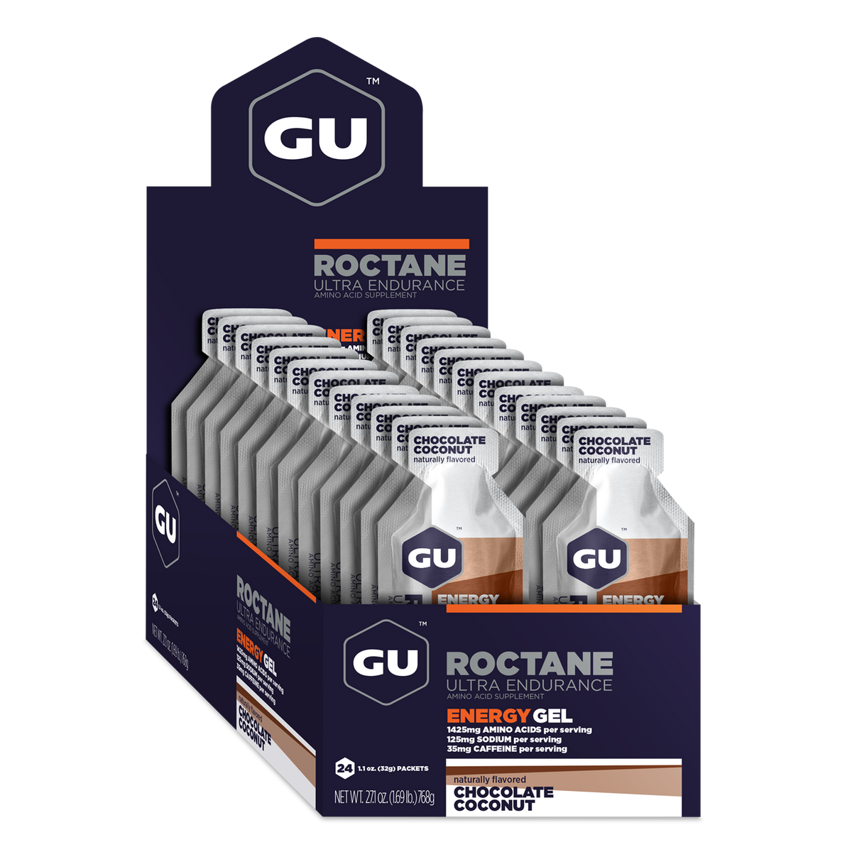 GU Roctane Energy Gel Chocolate Coconut, caja abierta