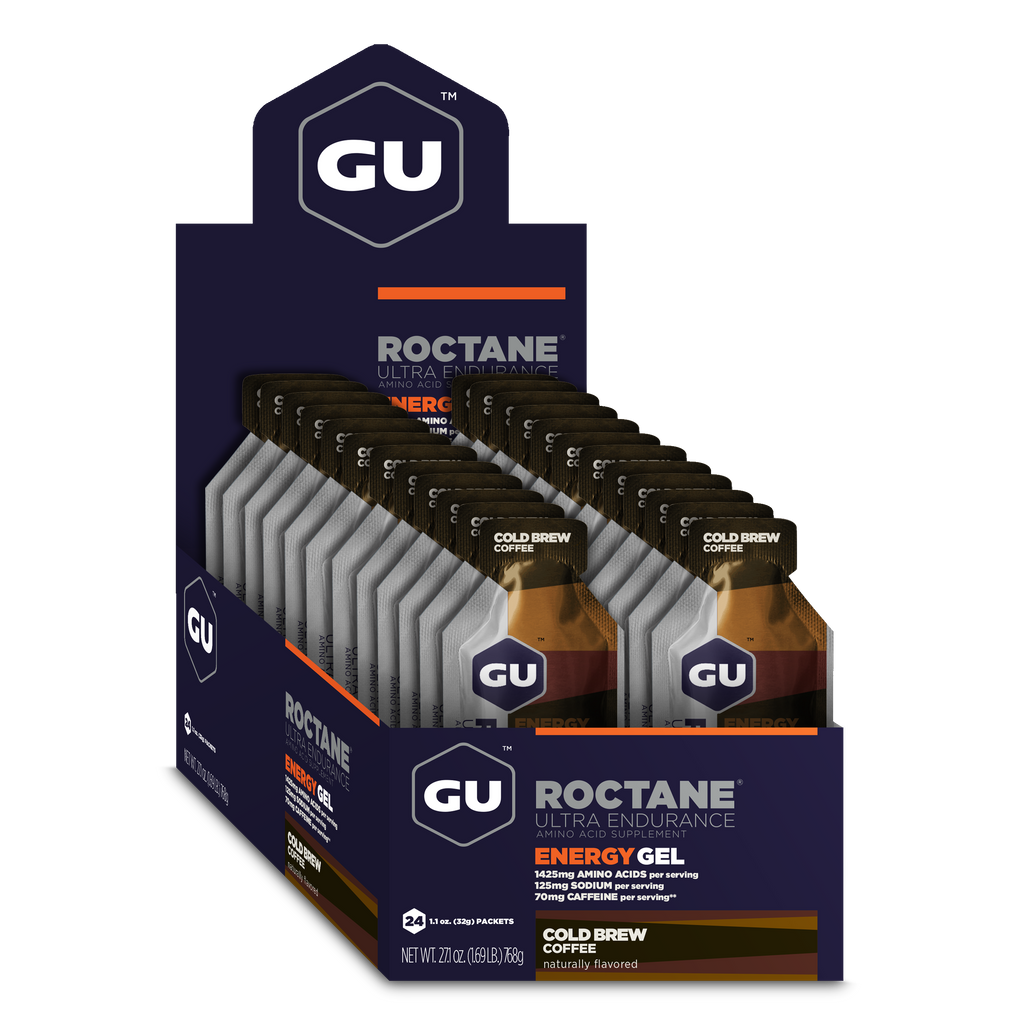 GU Roctane Energy Gel Cold Brew Coffee, caja abierta