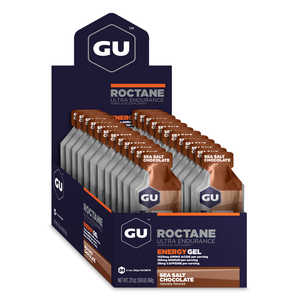 GU Roctane Energy Gel Sea Salt Chocolate, caja abierta
