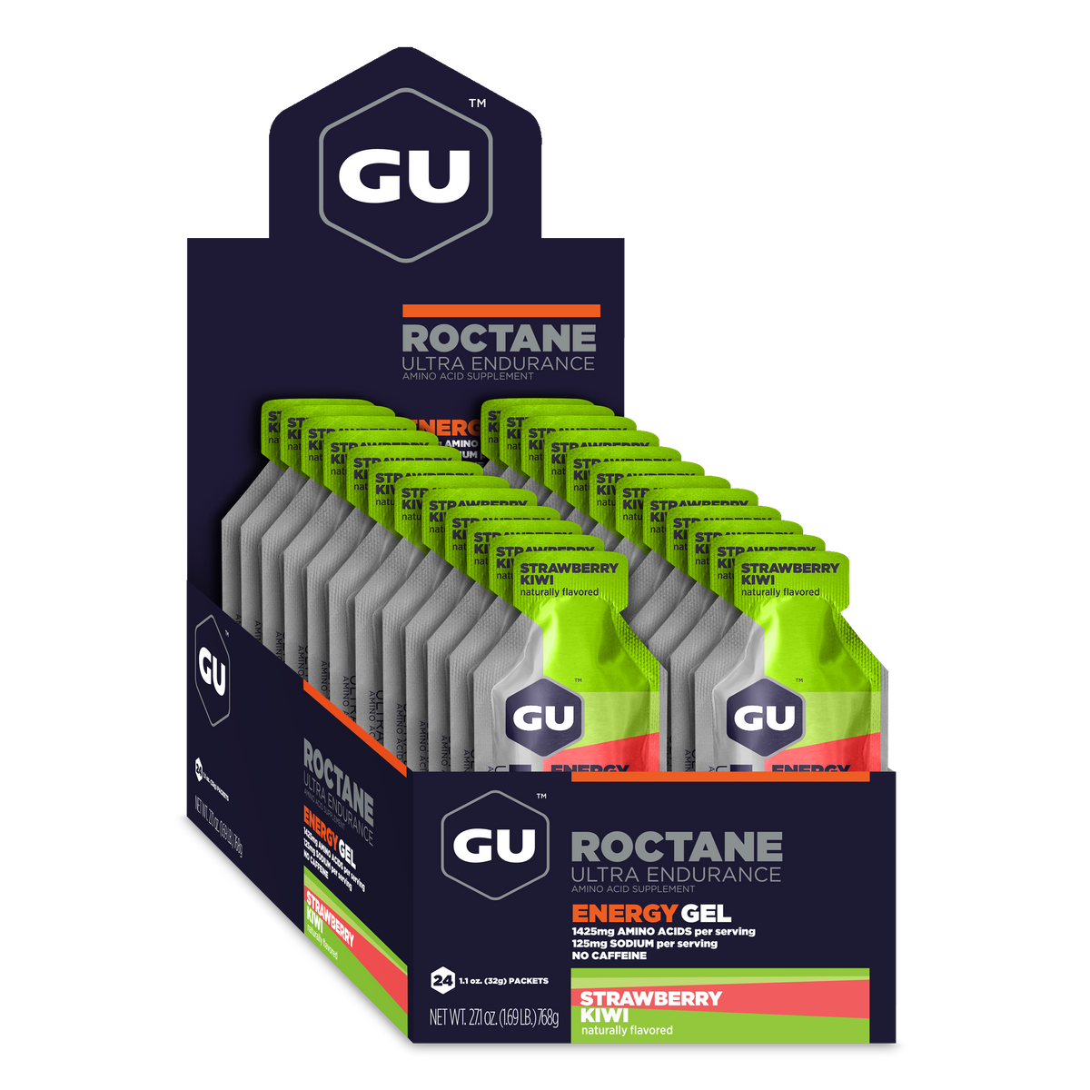 GU Roctane Energy Gel Strawberry Kiwi, caja abierta