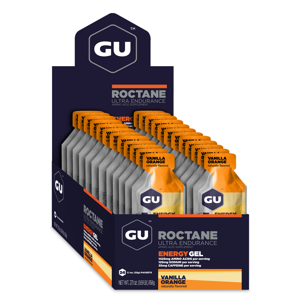 GU Roctane Energy Gel Vanilla Orange, caja abierta