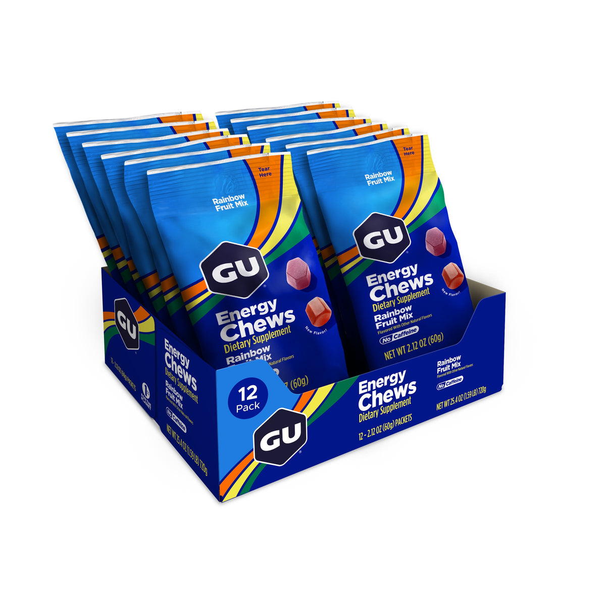 GU Energy Chews Rainbow Fruit Mix, caja abierta
